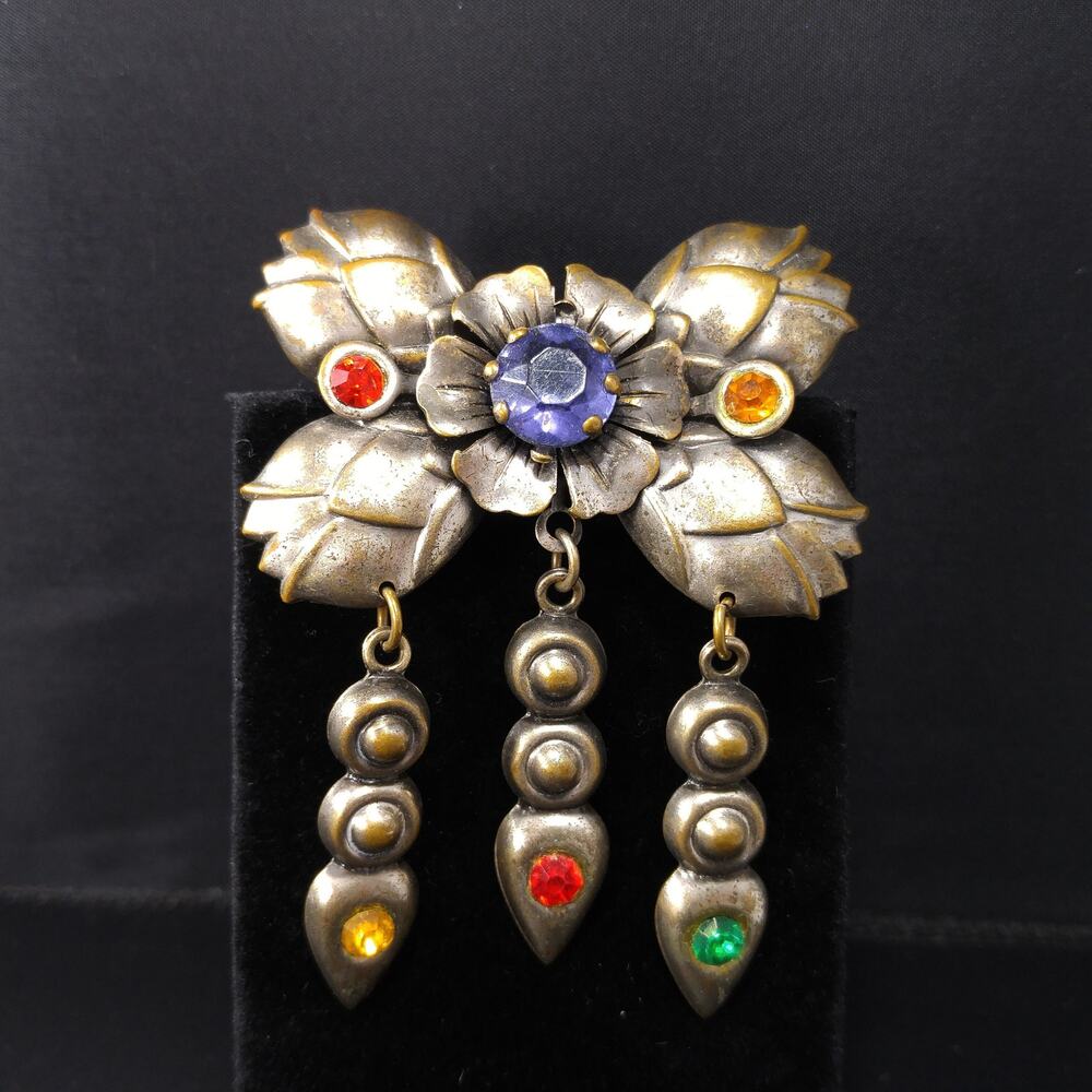 Floral Rhinestone Brooch, Three Dangles, 1940s Vintage Brooch